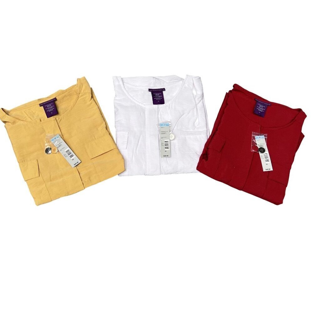 NWT Lot Of Three Beverly Drive Women 2X Button 3/4 Tab Sleeve Top Gold White Red